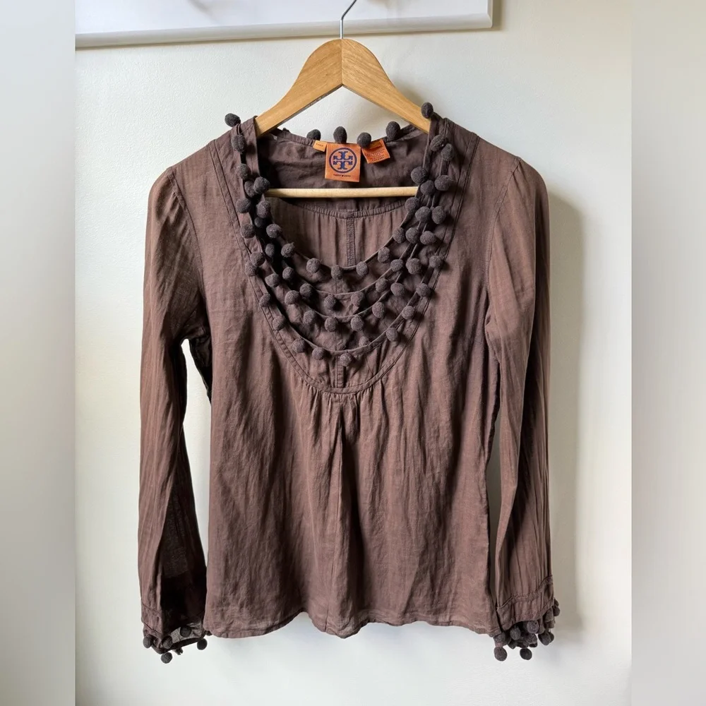 TORY BURCH Bobble‎ Top Cotton Chocolate Brown Designer Lightweight Feminine 4